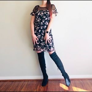Karl Lagerfeld Floral Print Ruffle Black Mini Dress Size 6 NWT